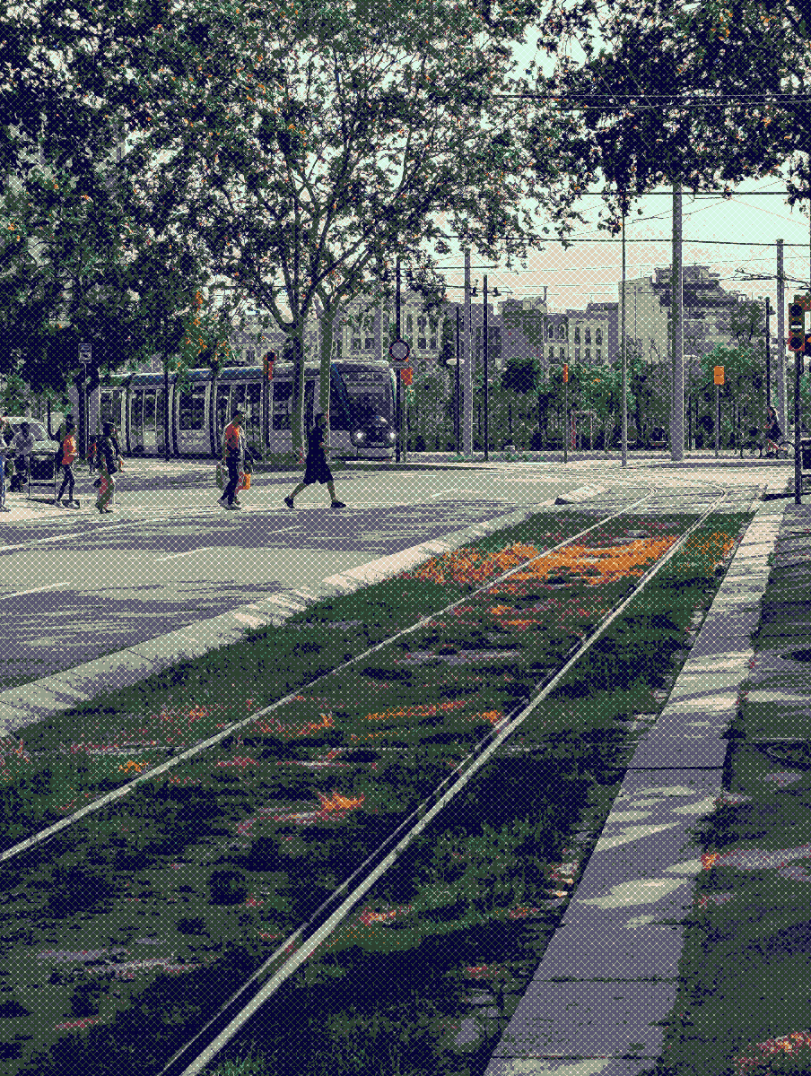 Dithered picture of Barcelona's Tram behind a tree.